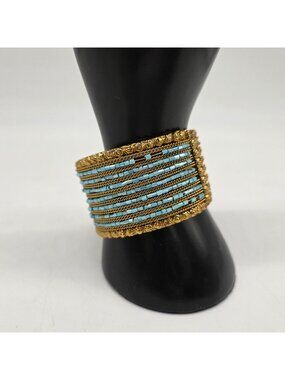 Wide Cuff Bracelet Blue Small Rectangle Bead Gold Tone Hinged Clasp 1.5"